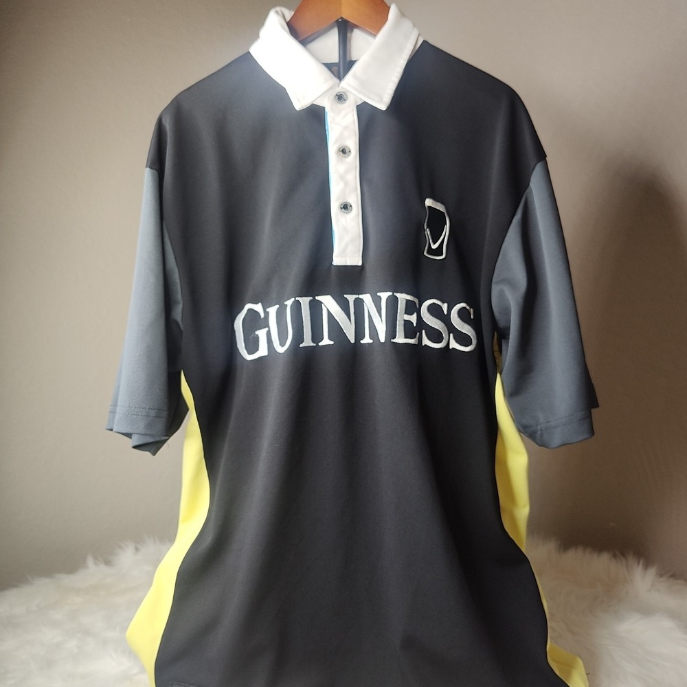 Guinness Polo Shirt Men Medium Black Yellow Colorblock Rugby Jersey Short Sleeve